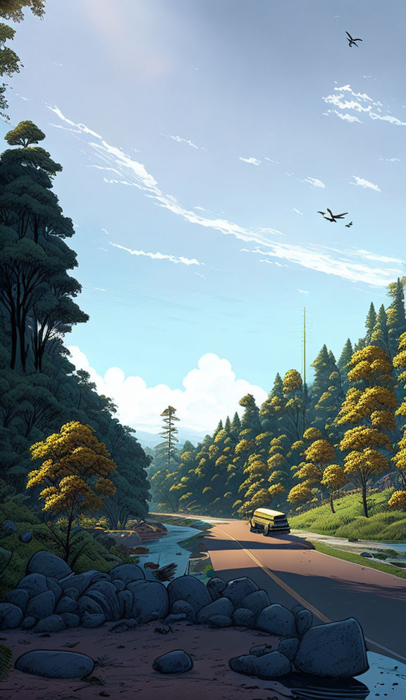 Tranquil forest scene with winding road, river, tall trees, golden foliage & birds