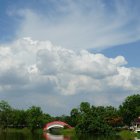 Tranquil landscape with lake, lighthouse, hammocks, and hut amid lush greenery