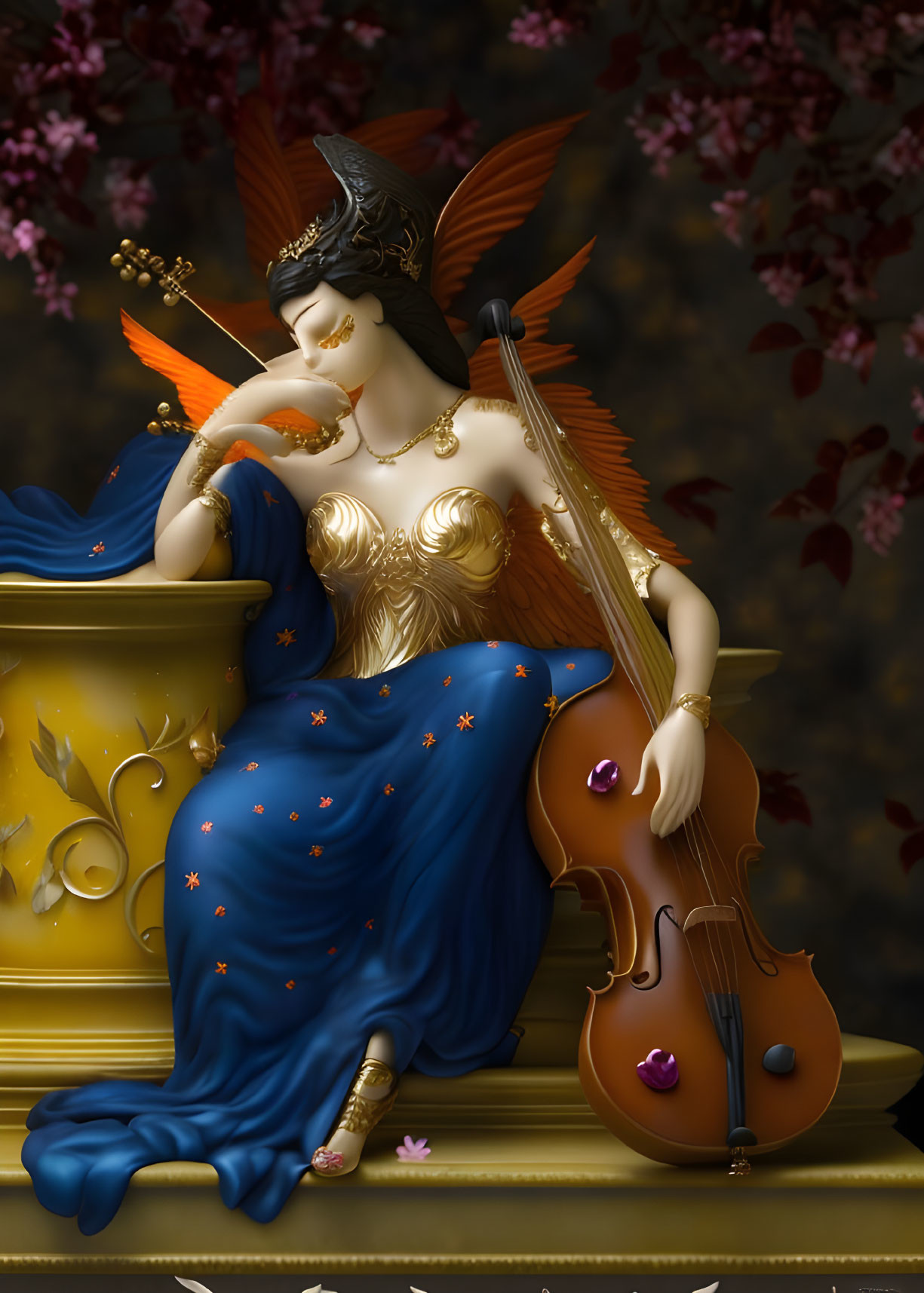 Surreal figure with butterfly wings playing cello in blue gown among cherry blossoms