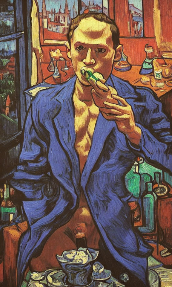 Expressionist portrait of shirtless man in blue robe with pipe in brightly colored room