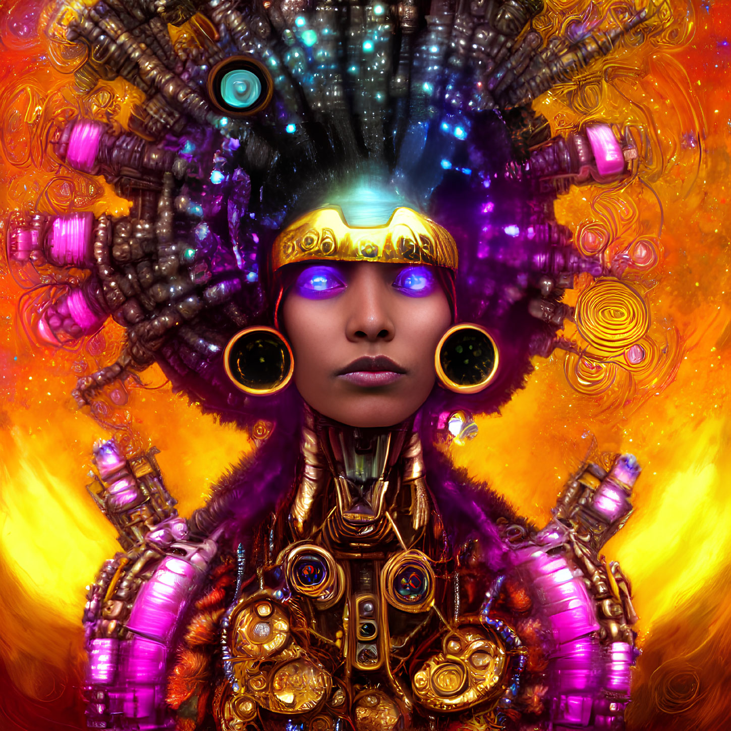 Colorful futuristic character with headdress and armor on fiery backdrop