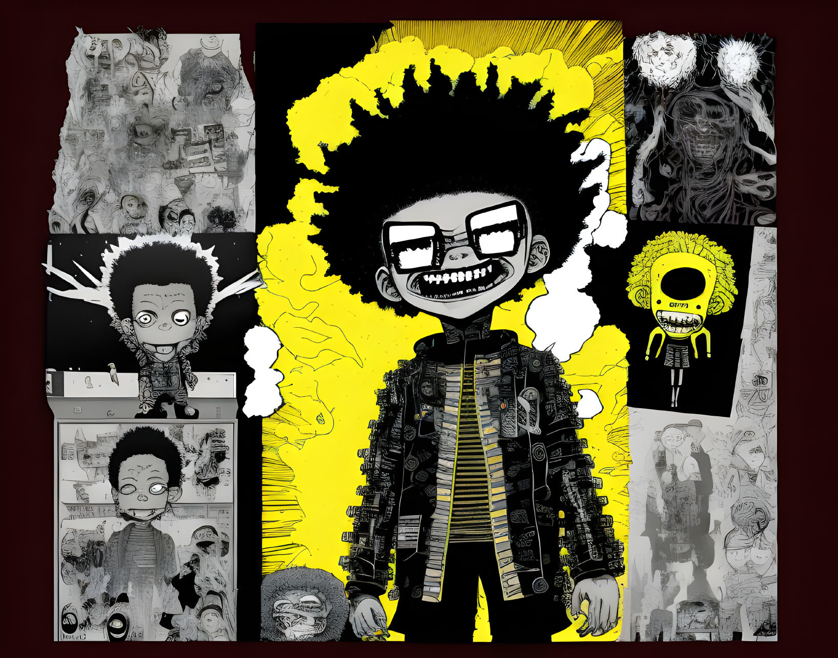 Character with Afro in Comic Strip Panels on Yellow Background