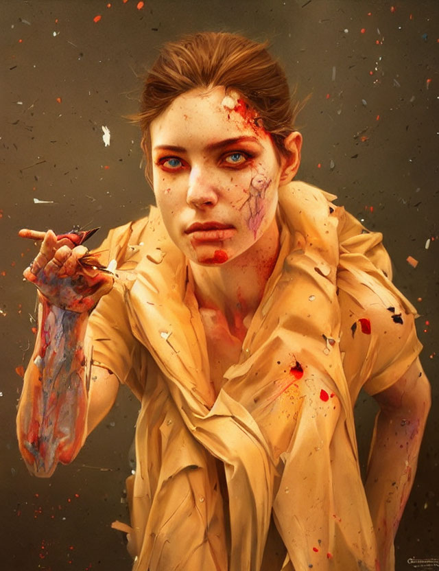 Digital art portrait of woman with blood splatters, sharp object, tense expression, dark background