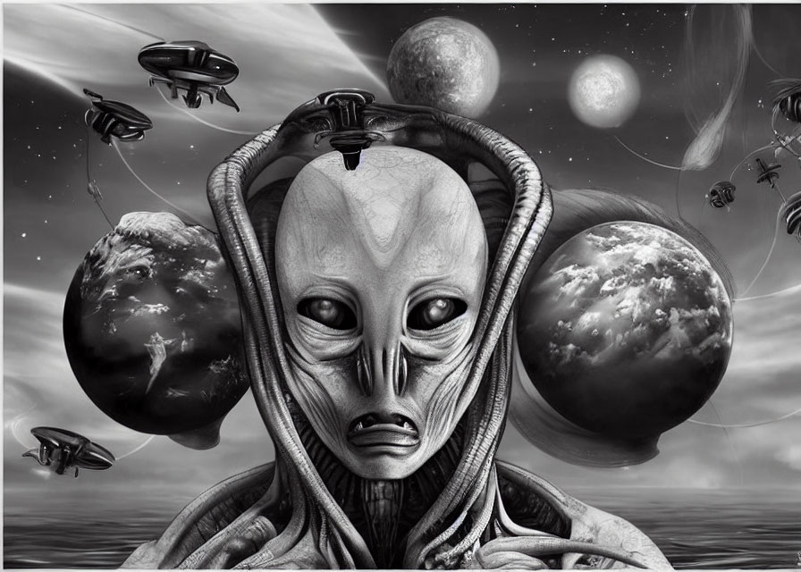Alien with large eyes and tubes in monochromatic space scene