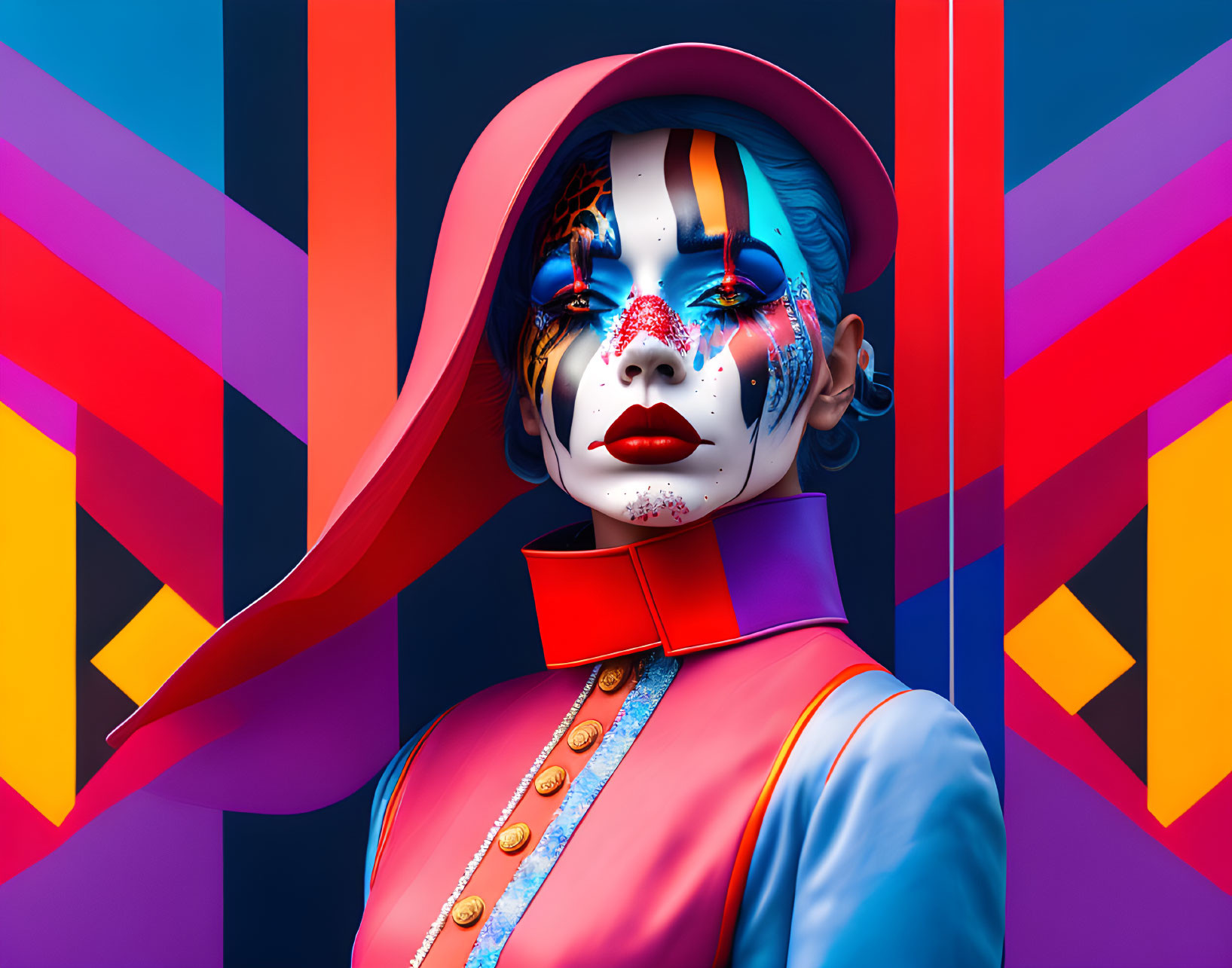 Colorful Digital Art Portrait: Blue-skinned person with face paint, hat, and modern outfit on