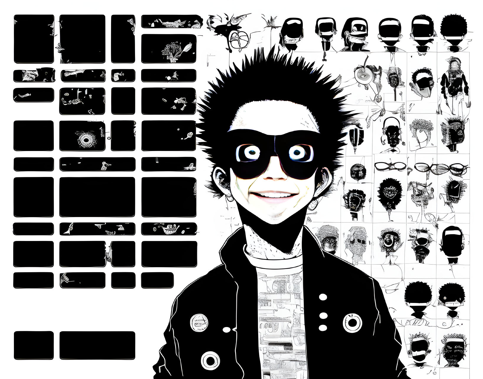 Monochrome portrait of person with spiky hair and large eyes, surrounded by abstract patterns