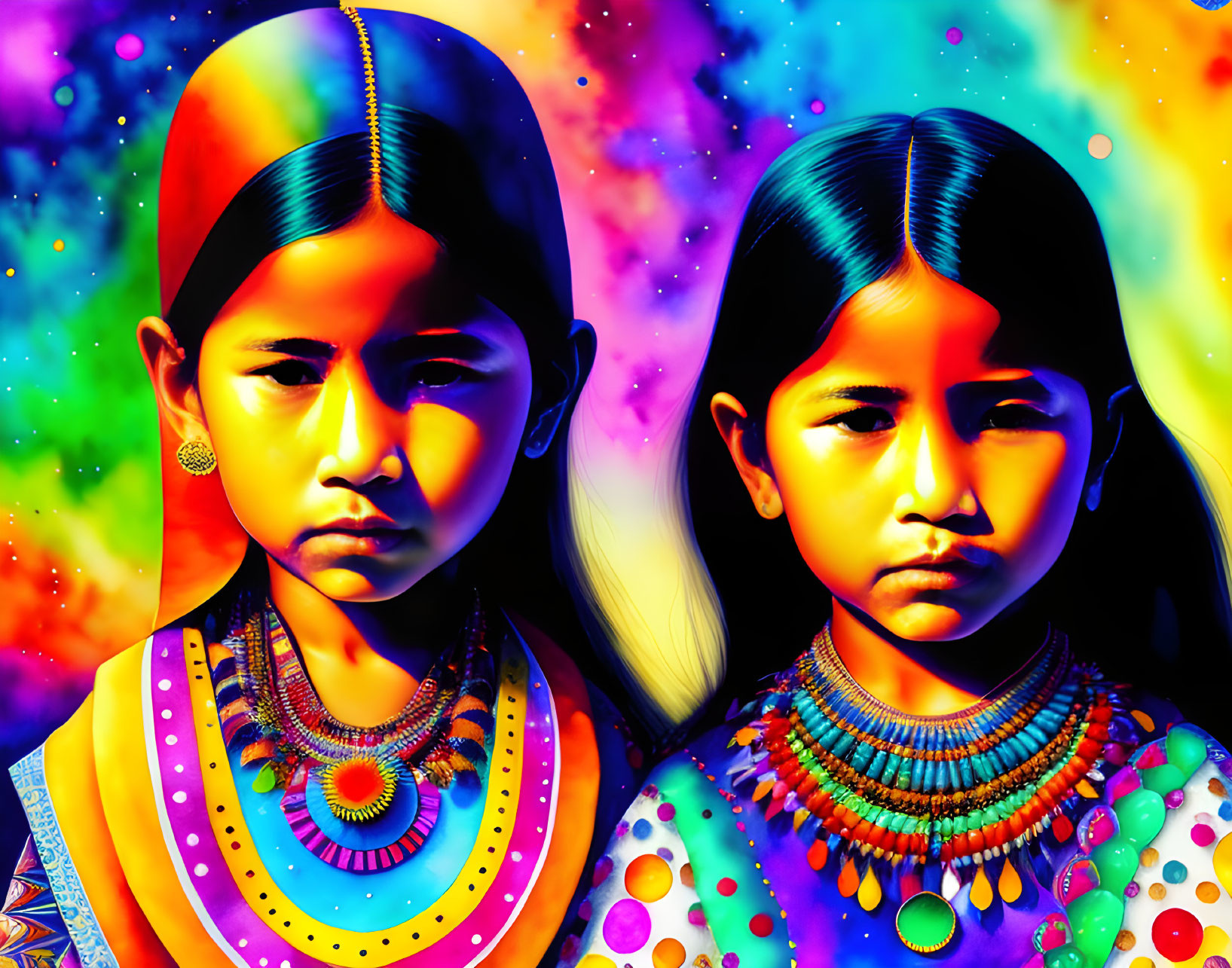 Two girls in traditional attire against vibrant psychedelic background