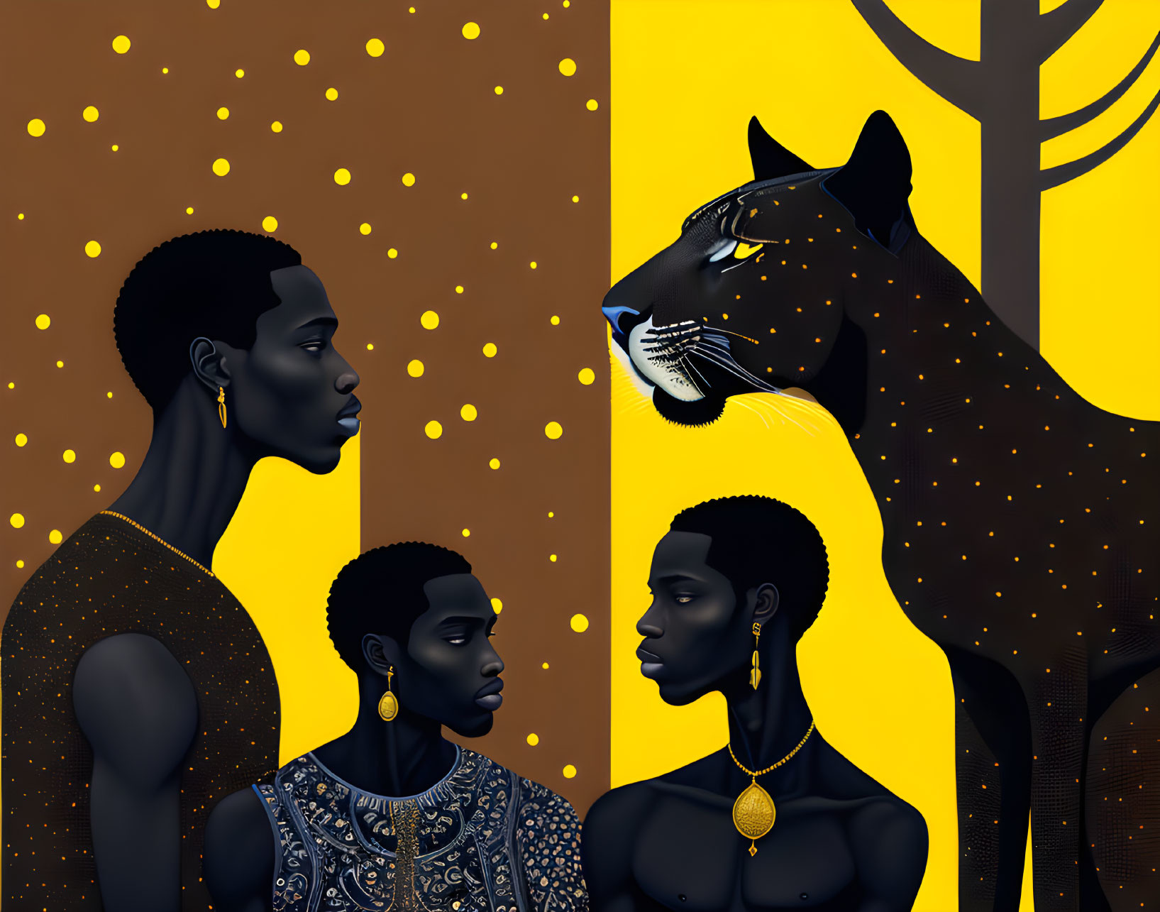 Stylized human and cheetah figures on yellow background with tree silhouettes