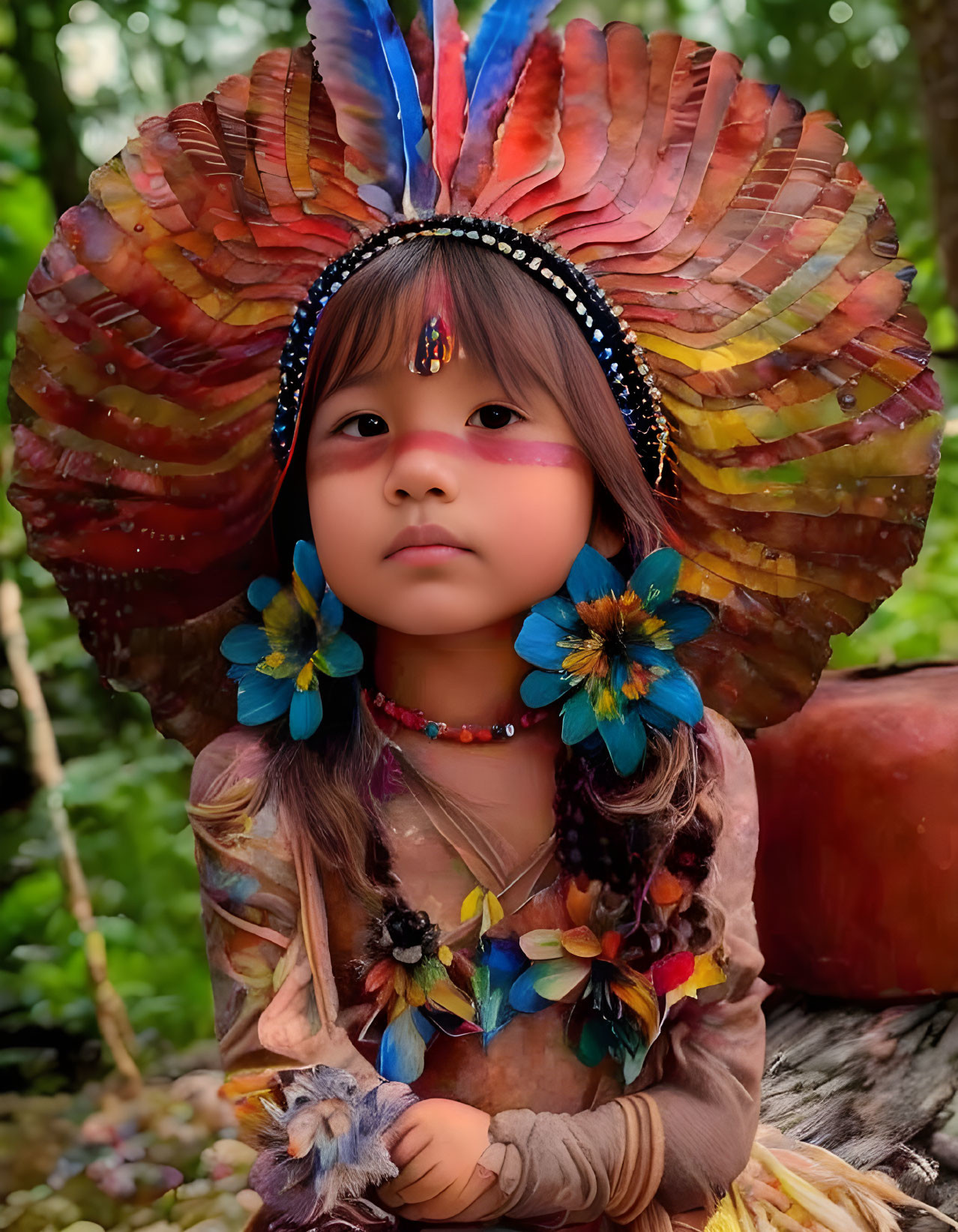 Child in Feather Headdress Contemplating Nature