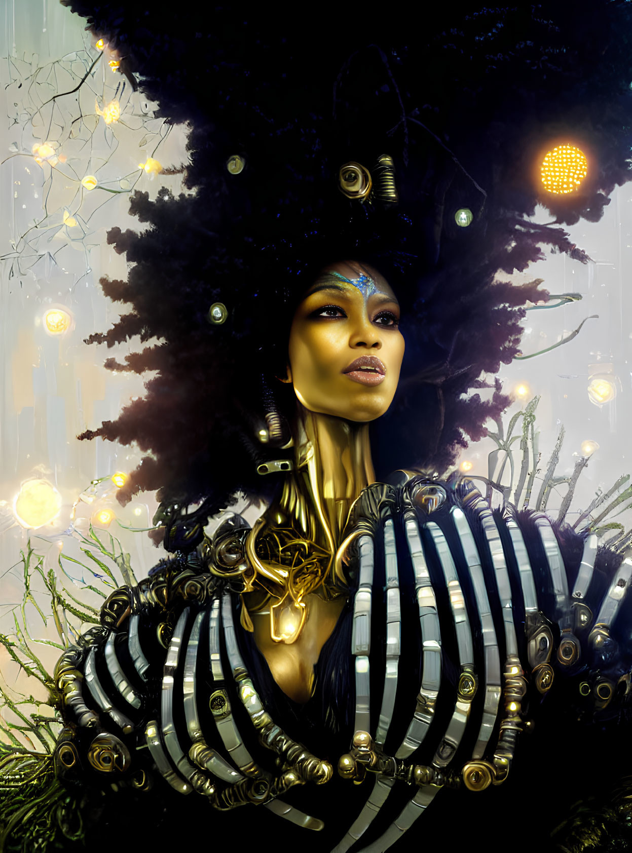 Digital Artwork: Woman with Ornate Headpiece and Metallic Elements