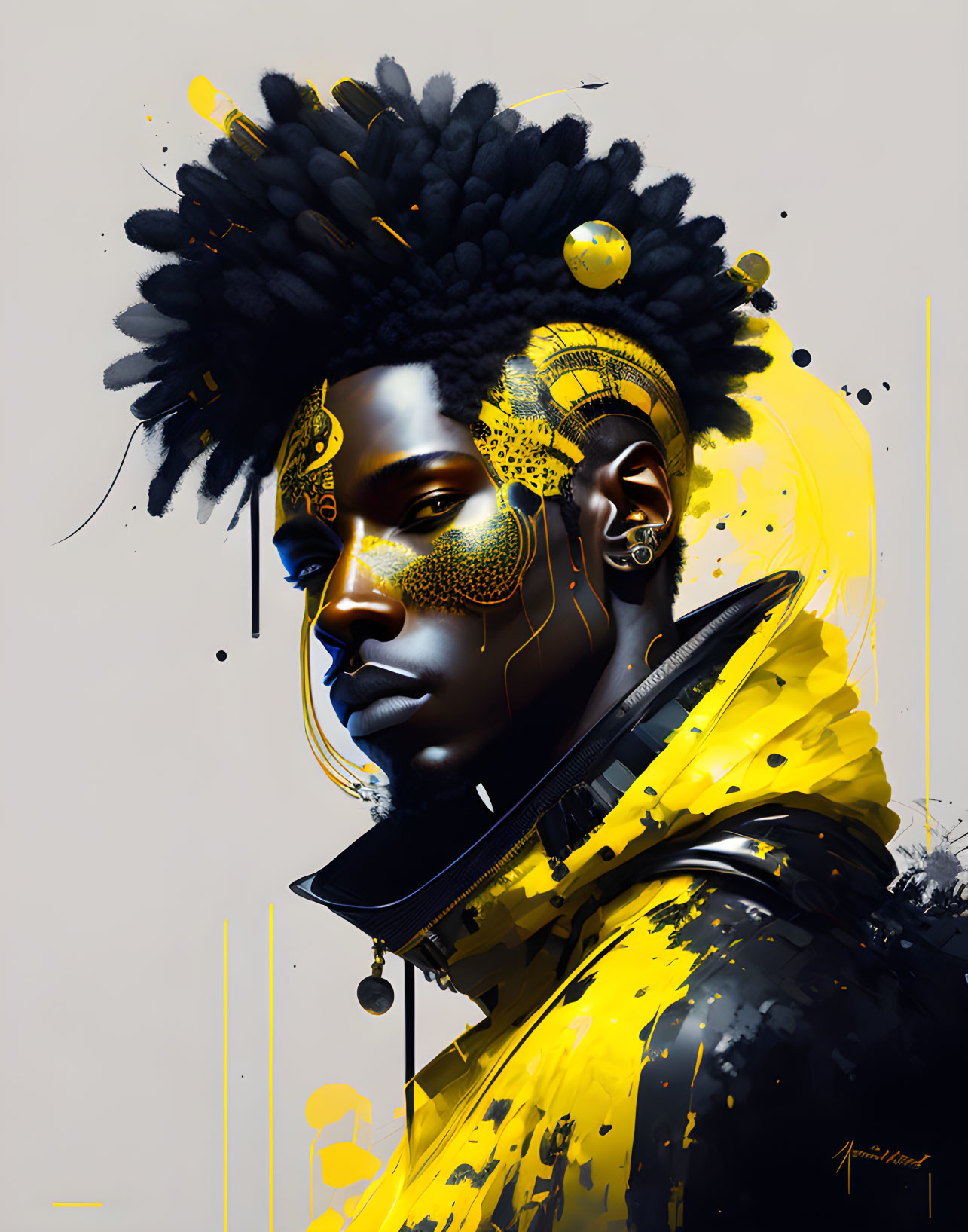 Digital portrait: Person with stylized black hair, golden face patterns, earphones, and vibrant yellow