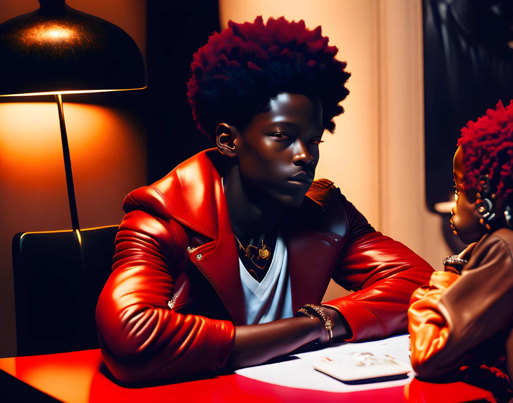 Two people with vibrant red hair in dimly lit room having intense conversation.