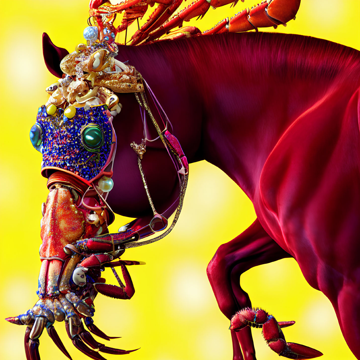 Surreal lobster with trinkets on its back riding red bull on yellow background