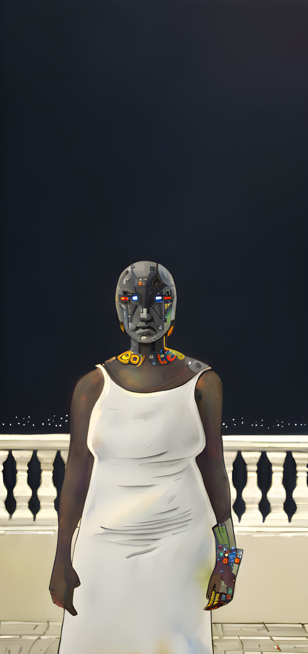 Humanoid robot with open head and circuitry, wearing white dress, against railing and dark sky.