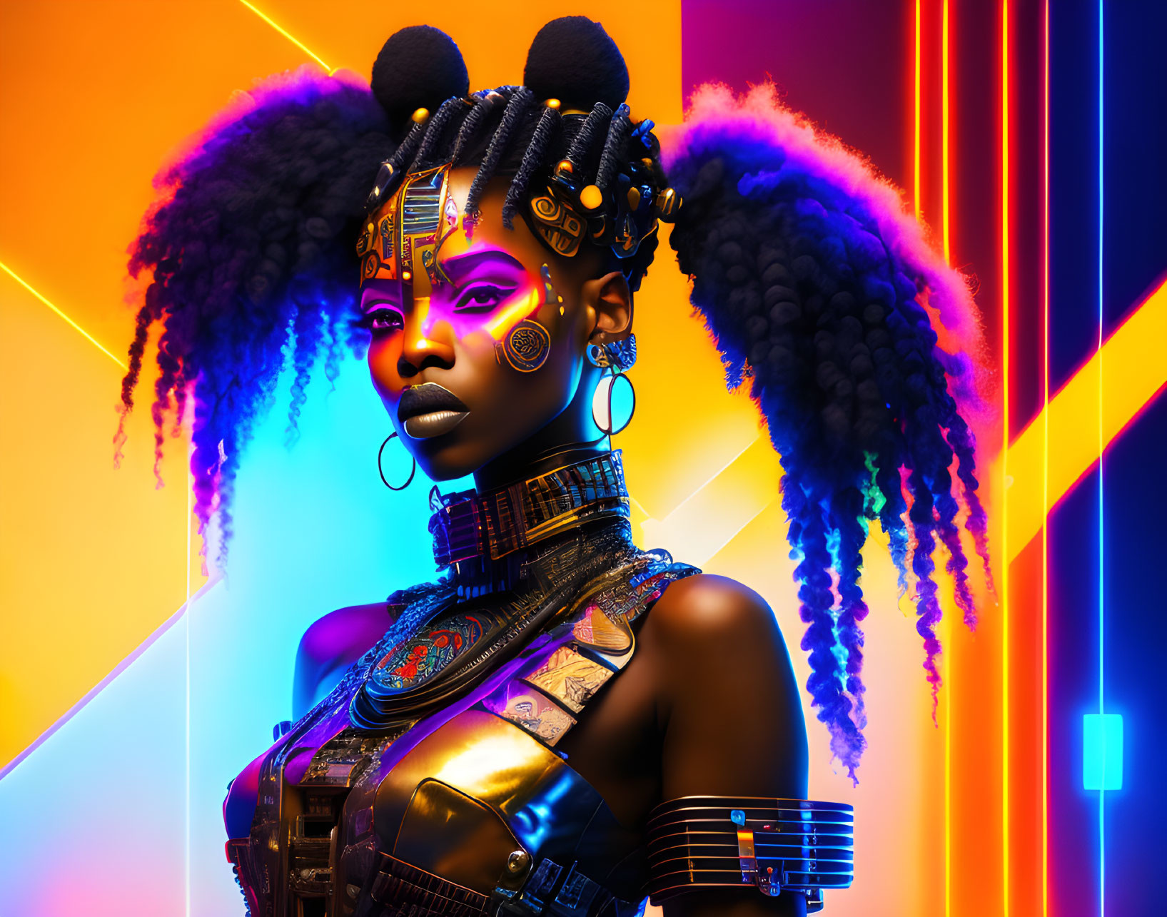 Futuristic African-inspired woman in vibrant neon setting