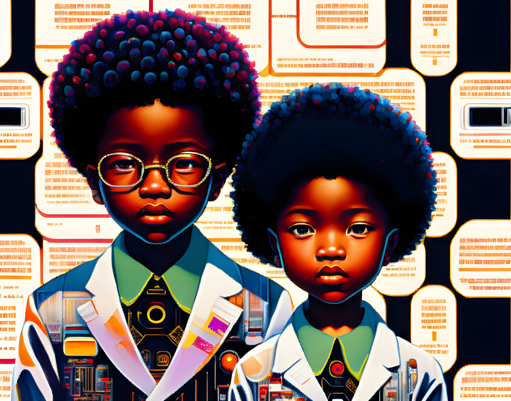 Two children with afros in futuristic attire against high-tech background.