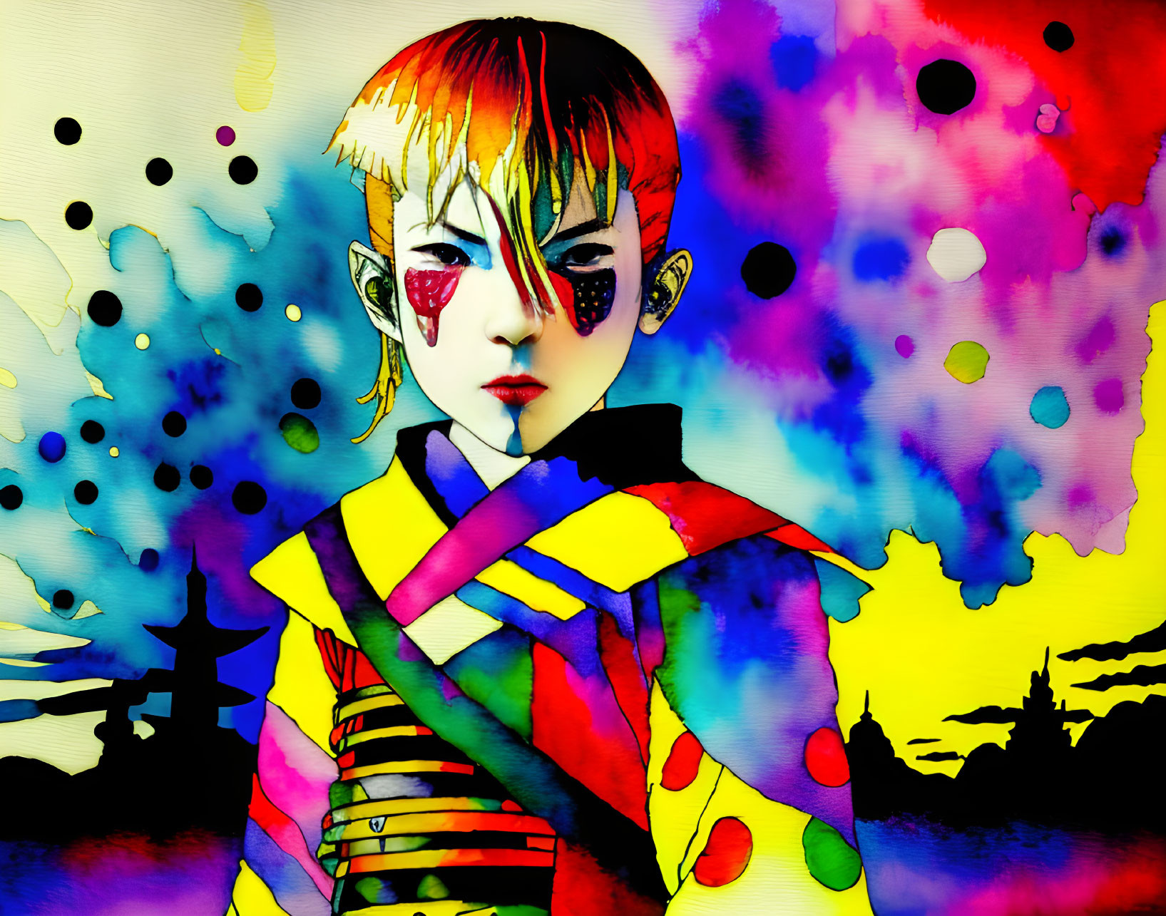 Vibrant abstract illustration of a person in multicolored jacket against vivid backdrop