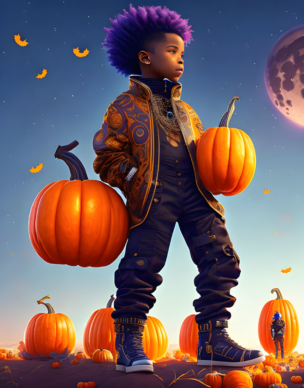 Stylized illustration of child with purple hair in pumpkin field with moon and bats