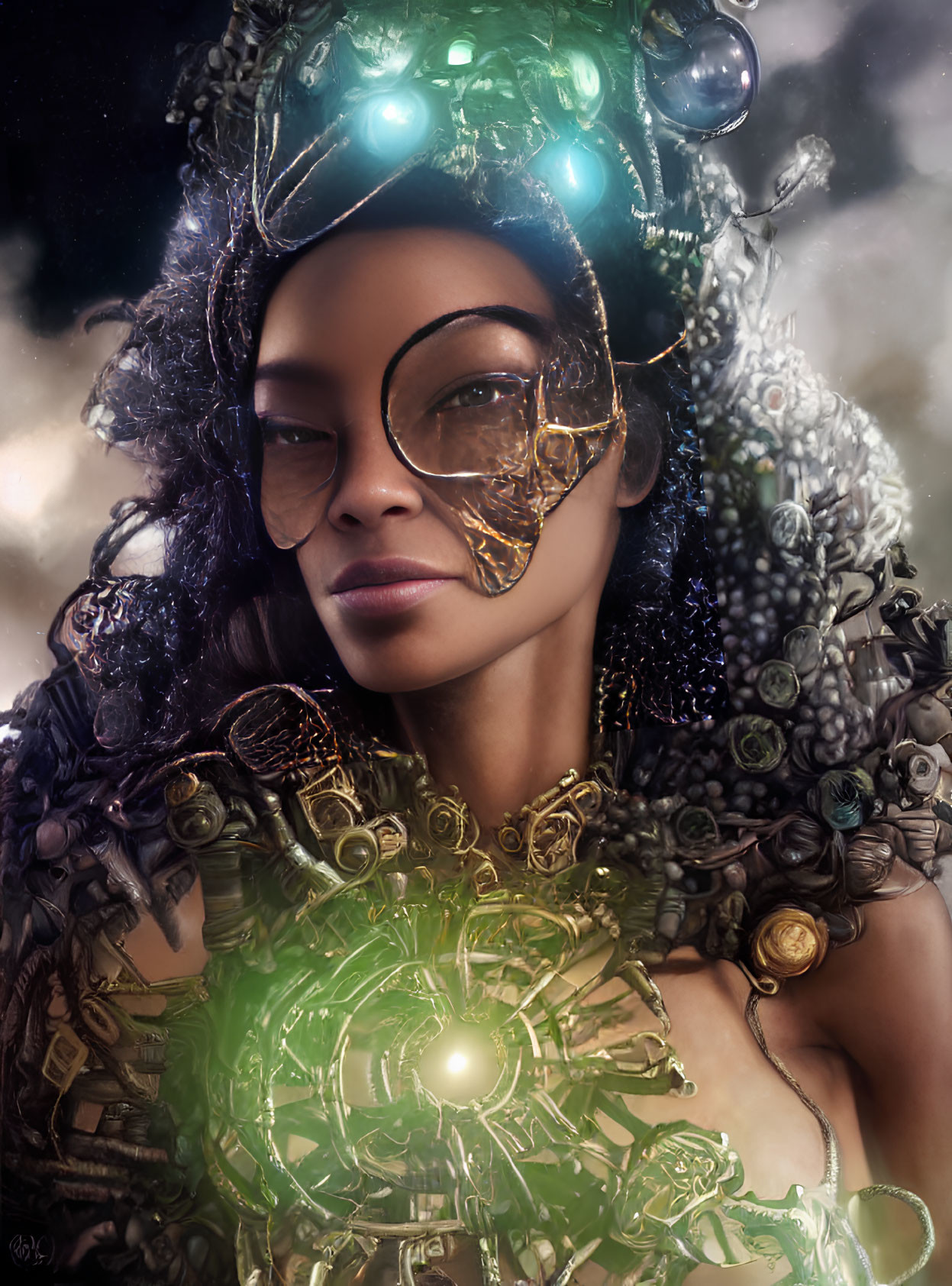 Steampunk-themed portrait of a woman in ornate gear and wire armor