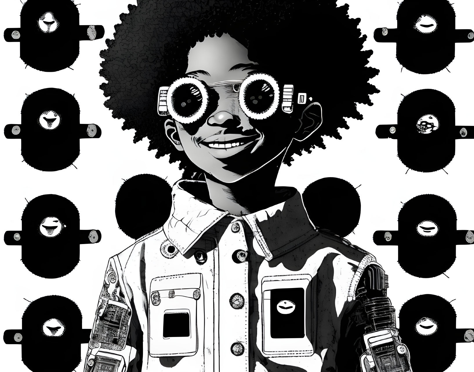 Monochrome illustration of person with afro and goggles surrounded by smiley faces