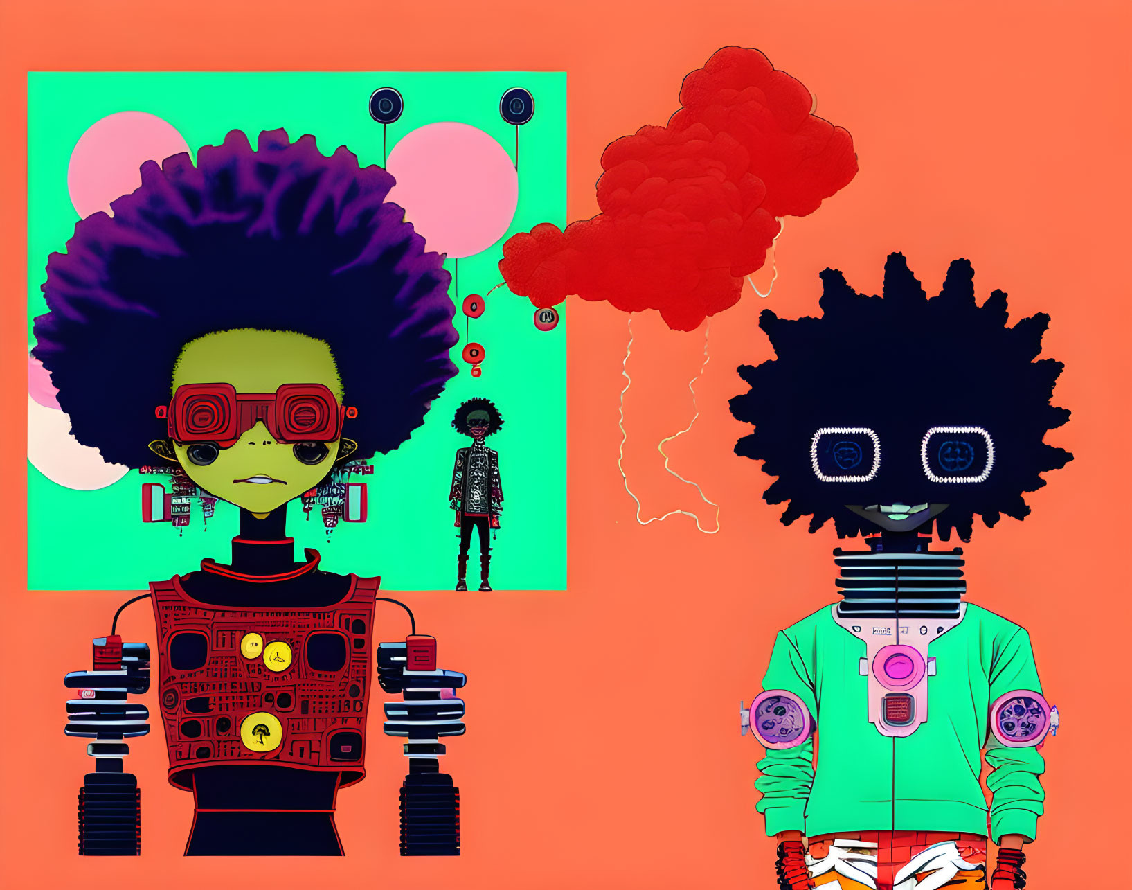 Stylized characters in red goggles and robot suit with spiral eyes on vibrant coral background