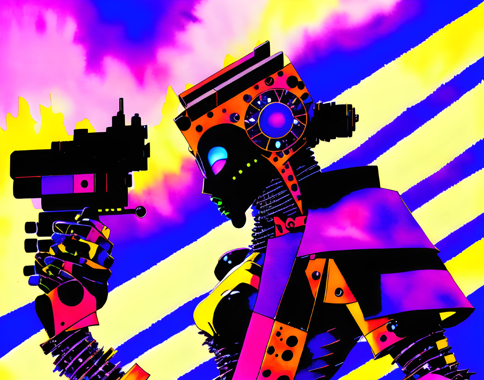 Colorful Robot with Flaming Mohawk on Psychedelic Background