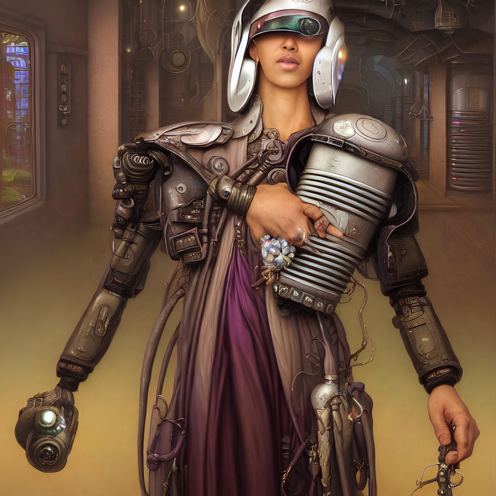 Futuristic woman in armored suit with helmet and visor against industrial backdrop