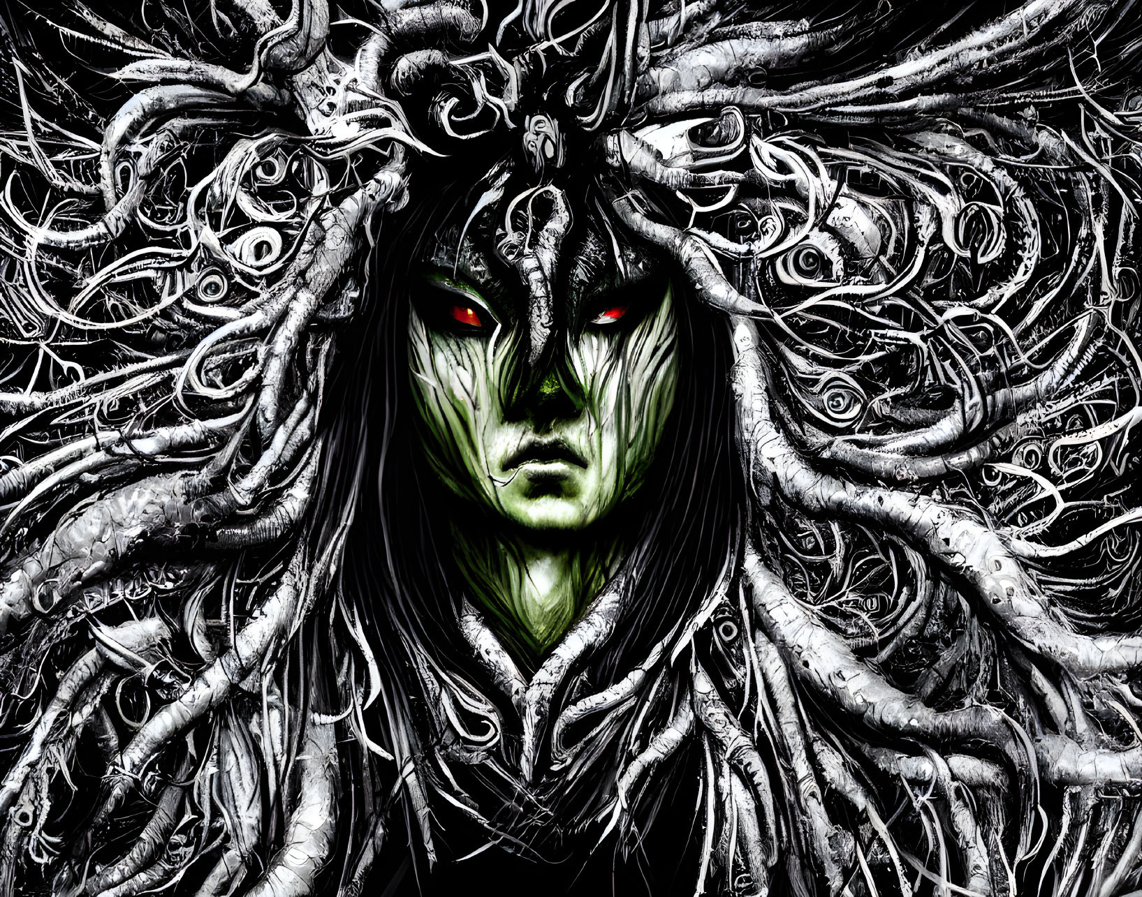 Green-skinned figure with red eyes in chaotic black and white backdrop