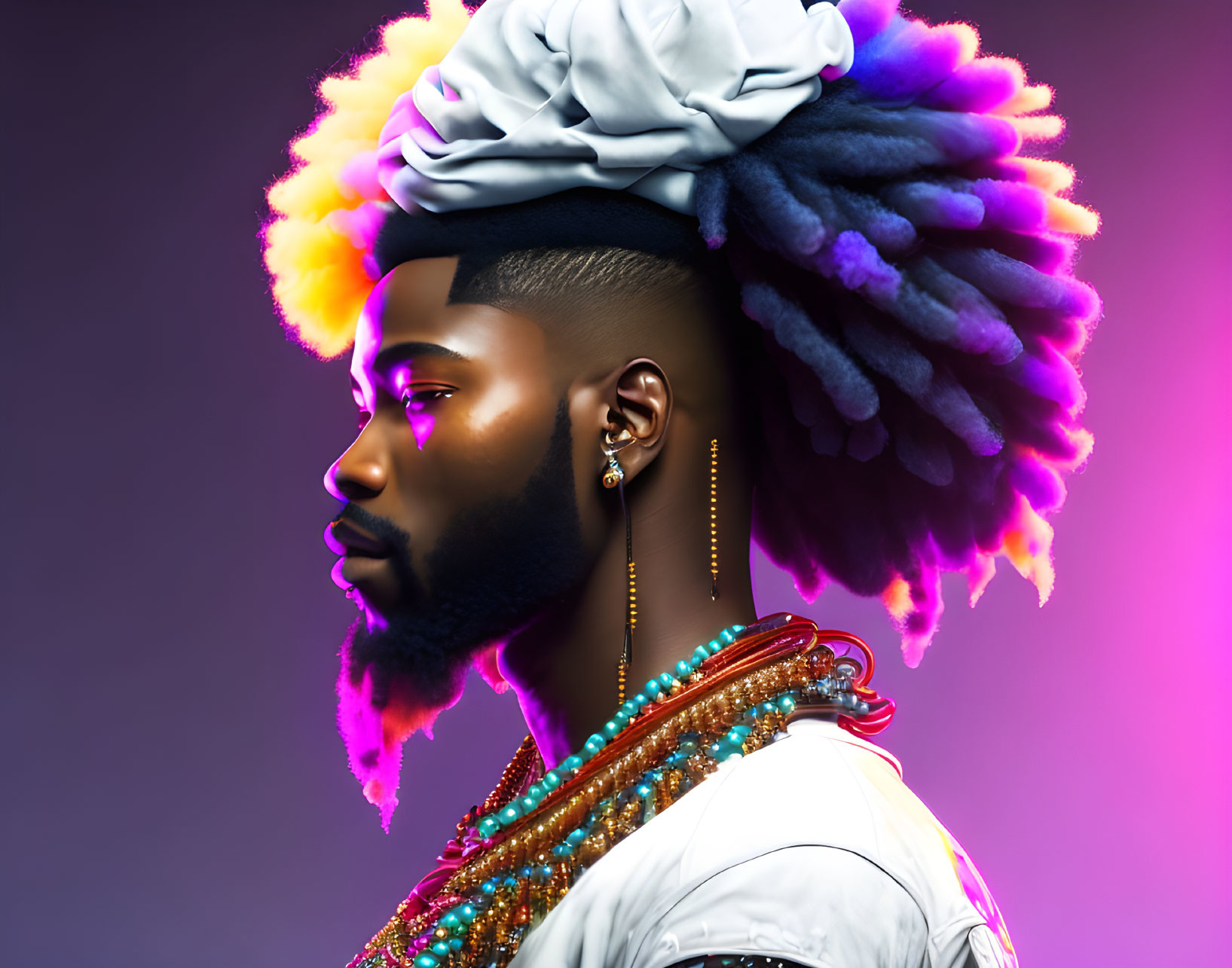 Colorful digital artwork of a person with stylized beard and vibrant turban on purple background