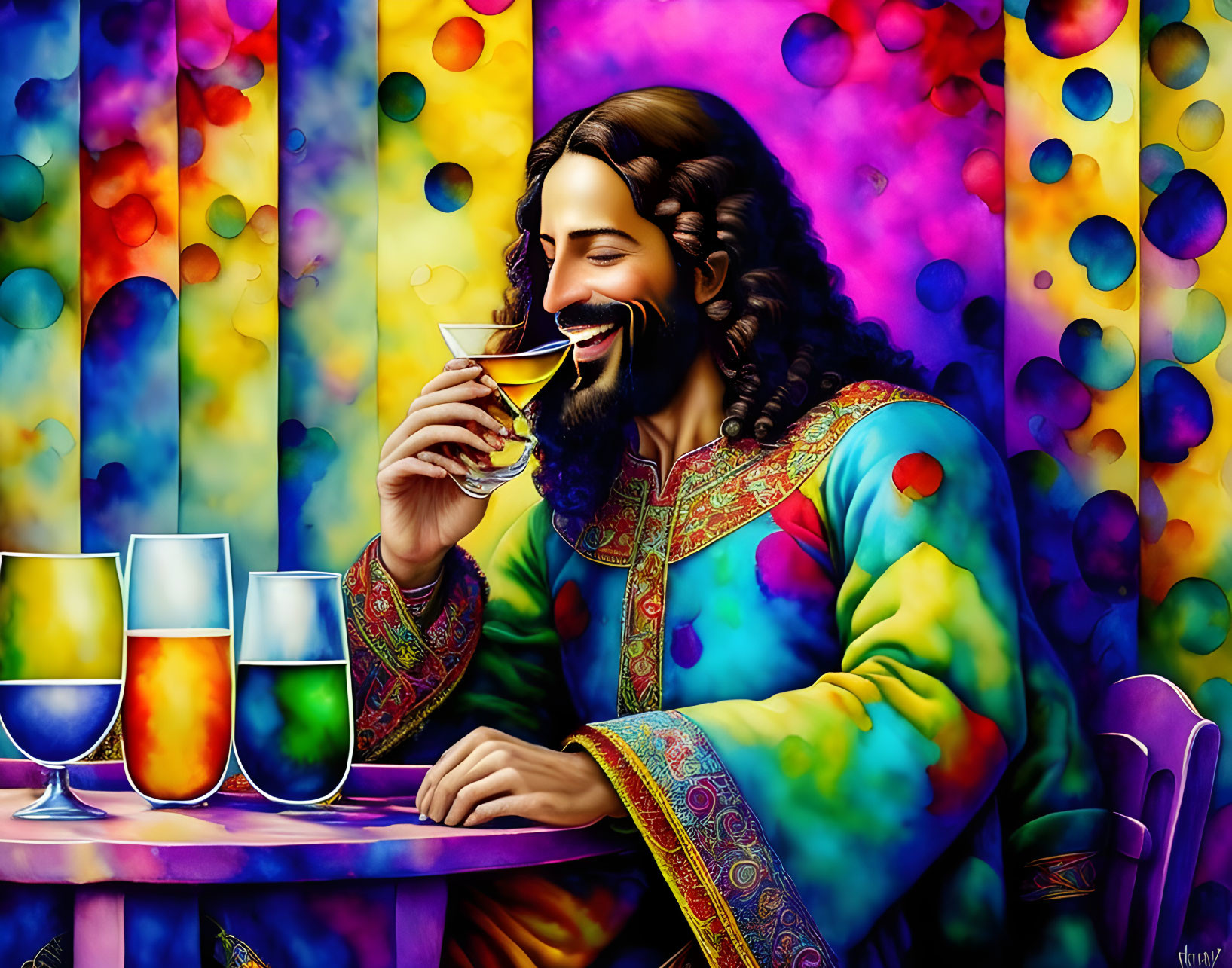 Bearded man smiling with golden chalice at colorful table