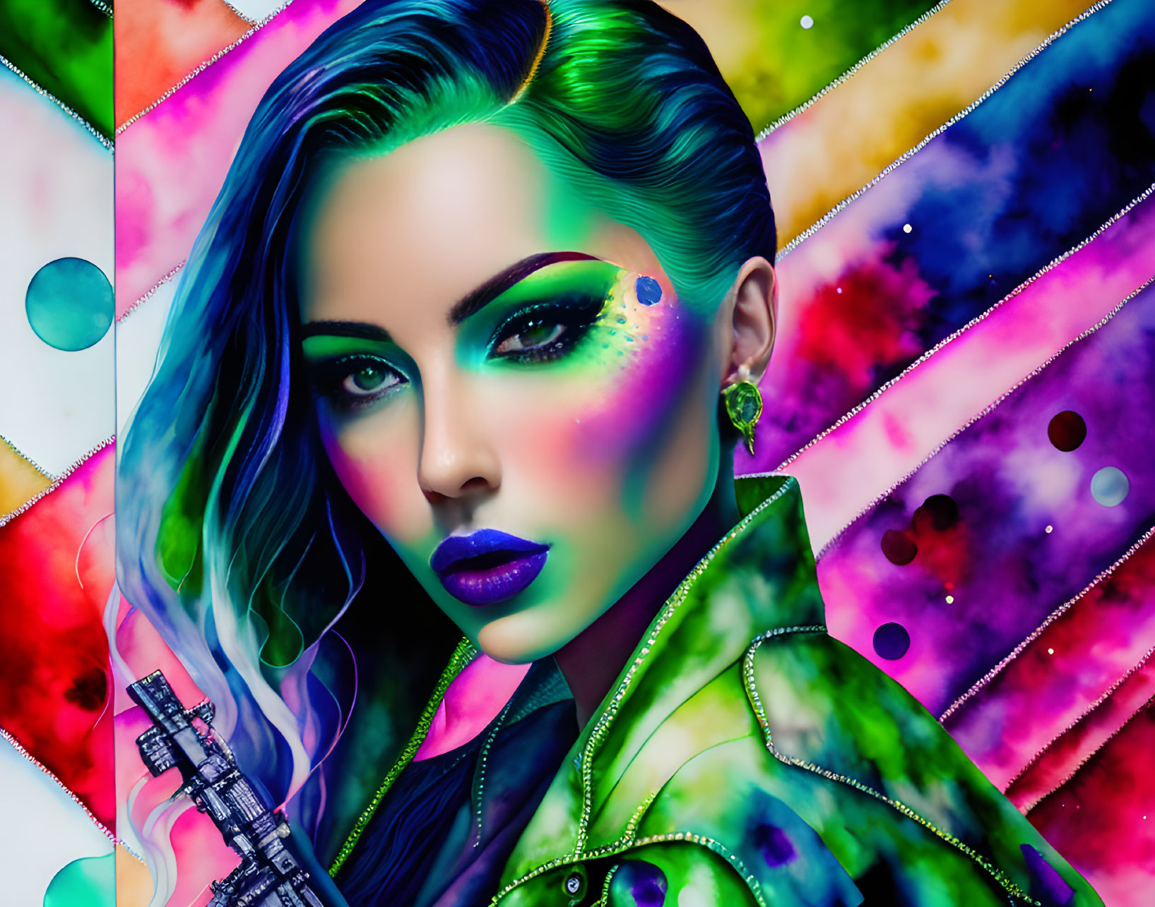 Colorful digital artwork of a woman with multi-colored hair and green eyes