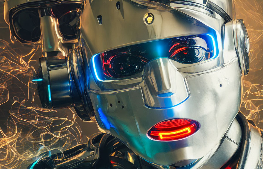 Futuristic robot head with glowing red and blue eyes and metallic surfaces in ethereal light.