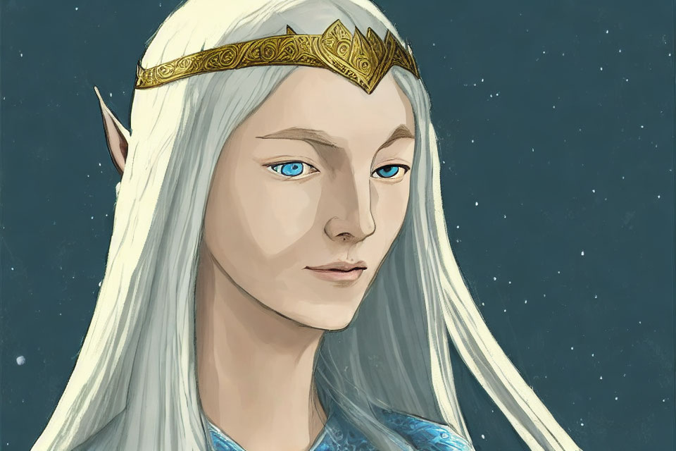 Fantasy illustration: Elf with long white hair and circlet under starry sky