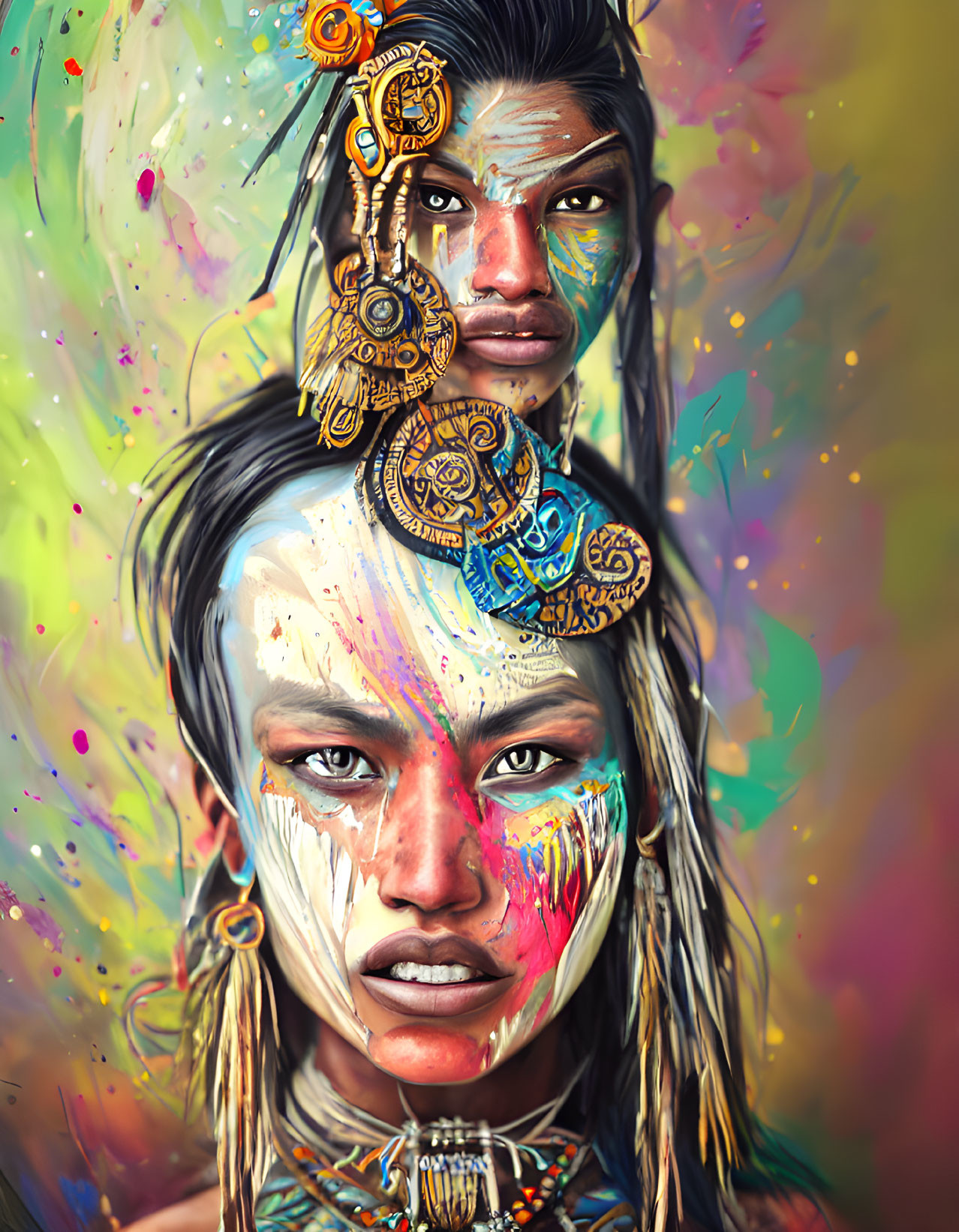 Colorful background with individuals in intricate facial paint and ornate earrings