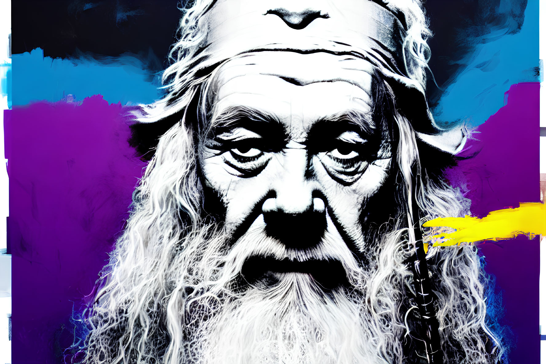 Detailed illustration of elderly man with long beard and intense gaze on blue and purple backdrop.