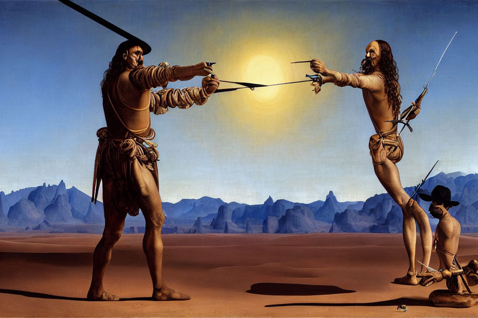 Two men with drawn bows in desert landscape with dramatic sun and kneeling figure