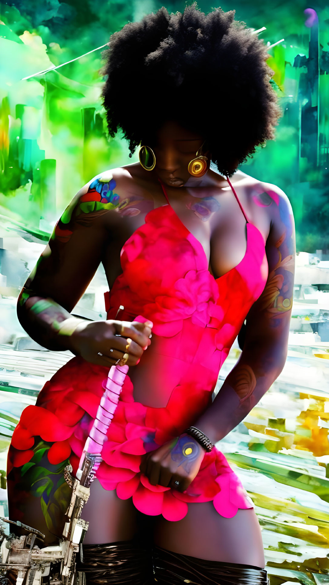 Afro woman in floral dress with microphone on vibrant abstract background