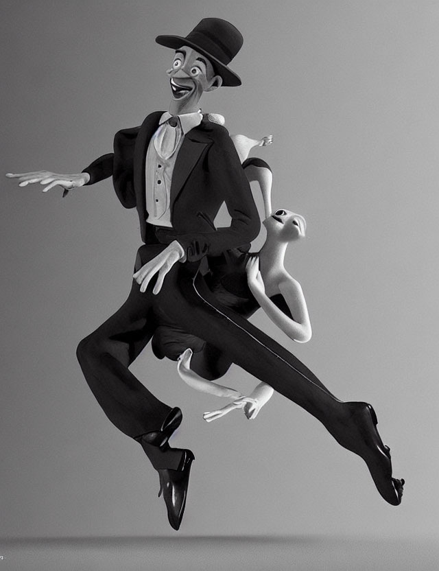 Monochrome illustration: Male figure in top hat and tuxedo dancing with limp female.