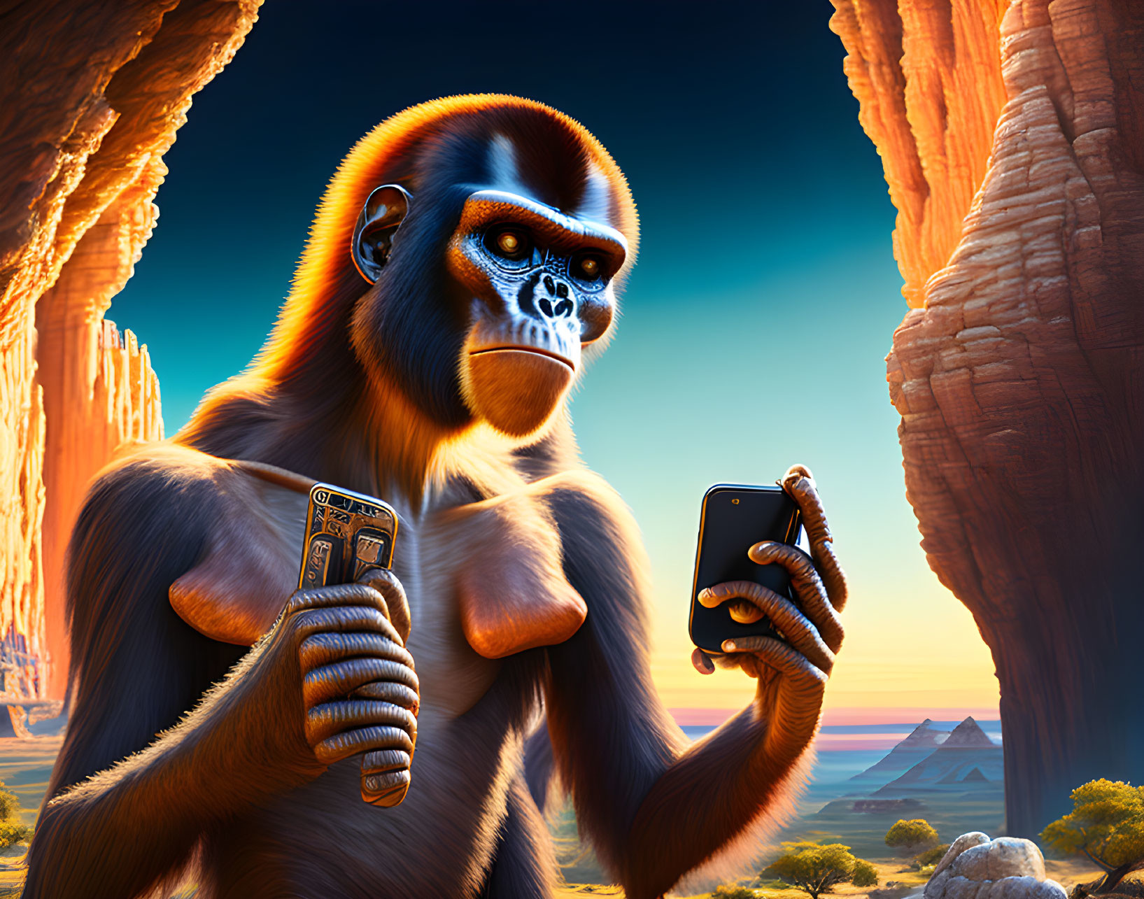 Gorilla digital artwork with blue and orange face, holding smartphones, in desert landscape