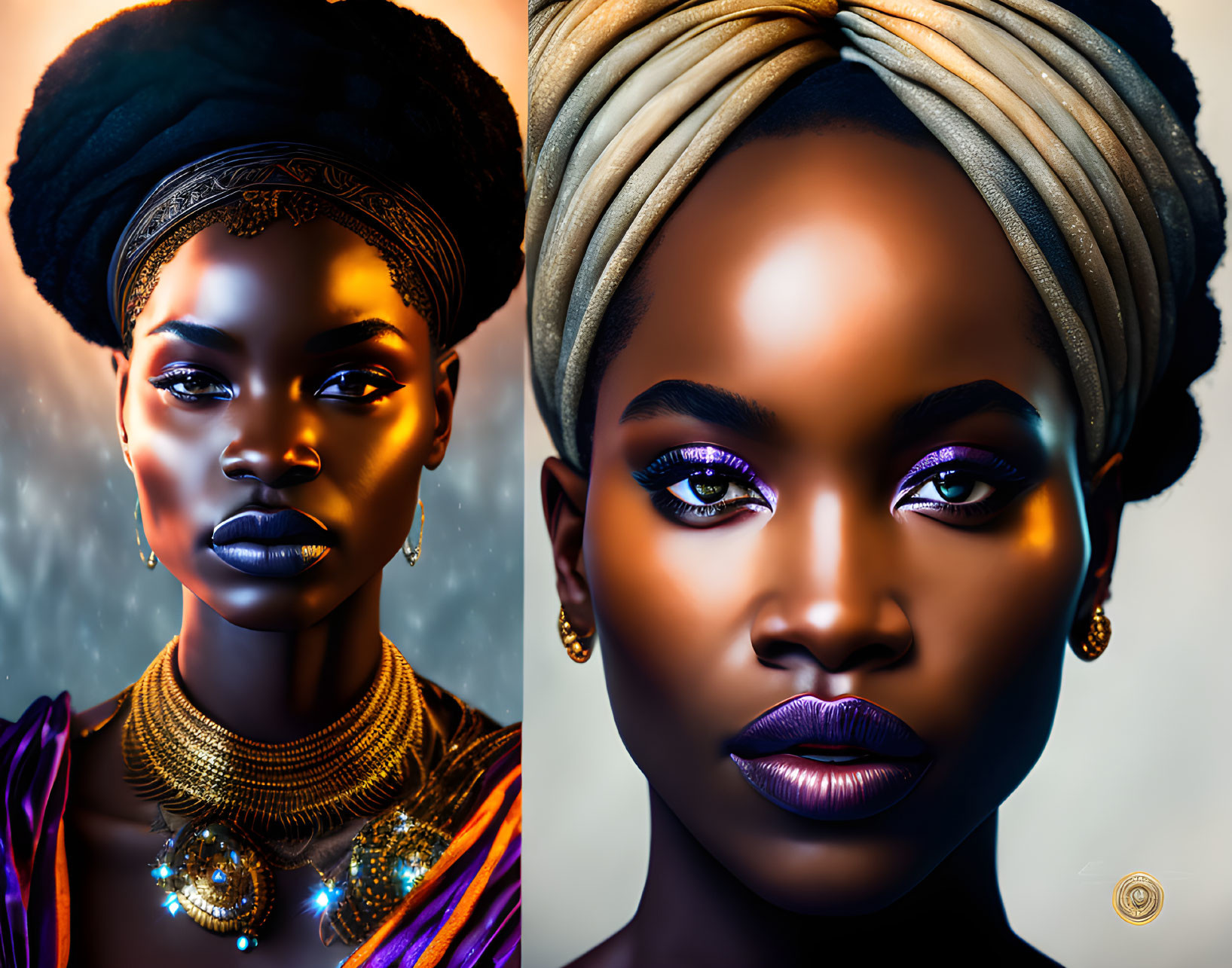 Dual portraits of woman with vibrant makeup and head wraps on celestial backdrop