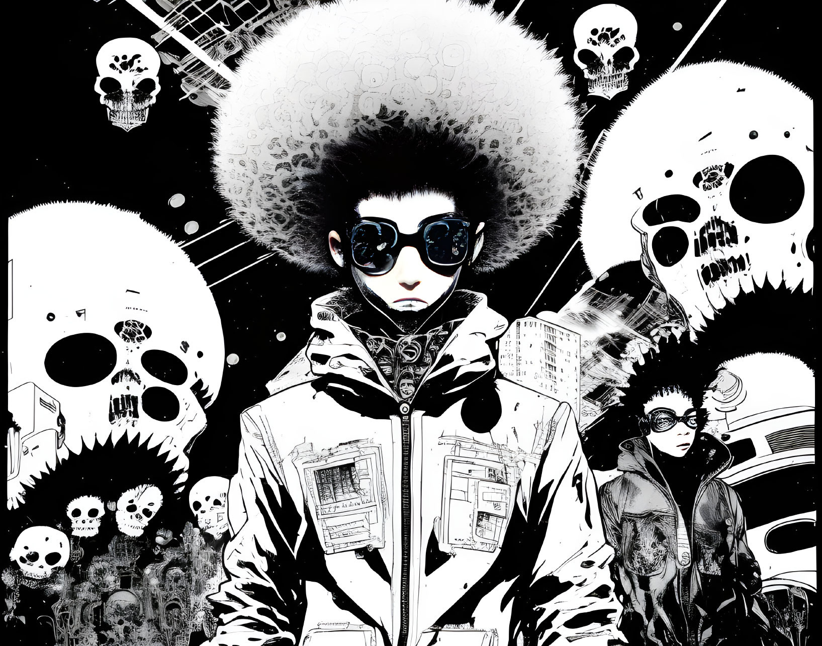 Monochrome illustration: person with afro, sunglasses, skulls, cosmic elements