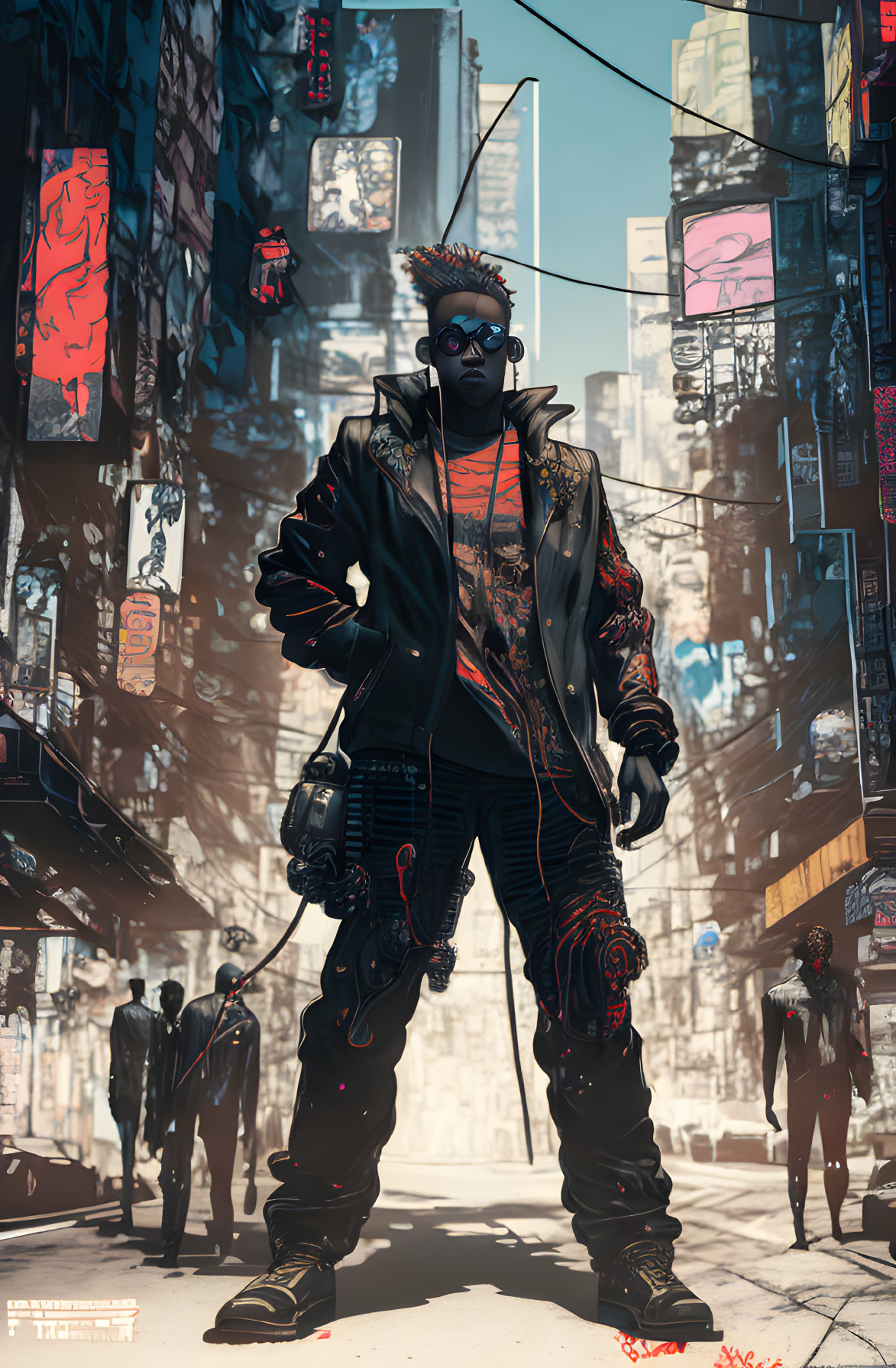 Stylized cyberpunk character in leather jacket and sunglasses on futuristic city street