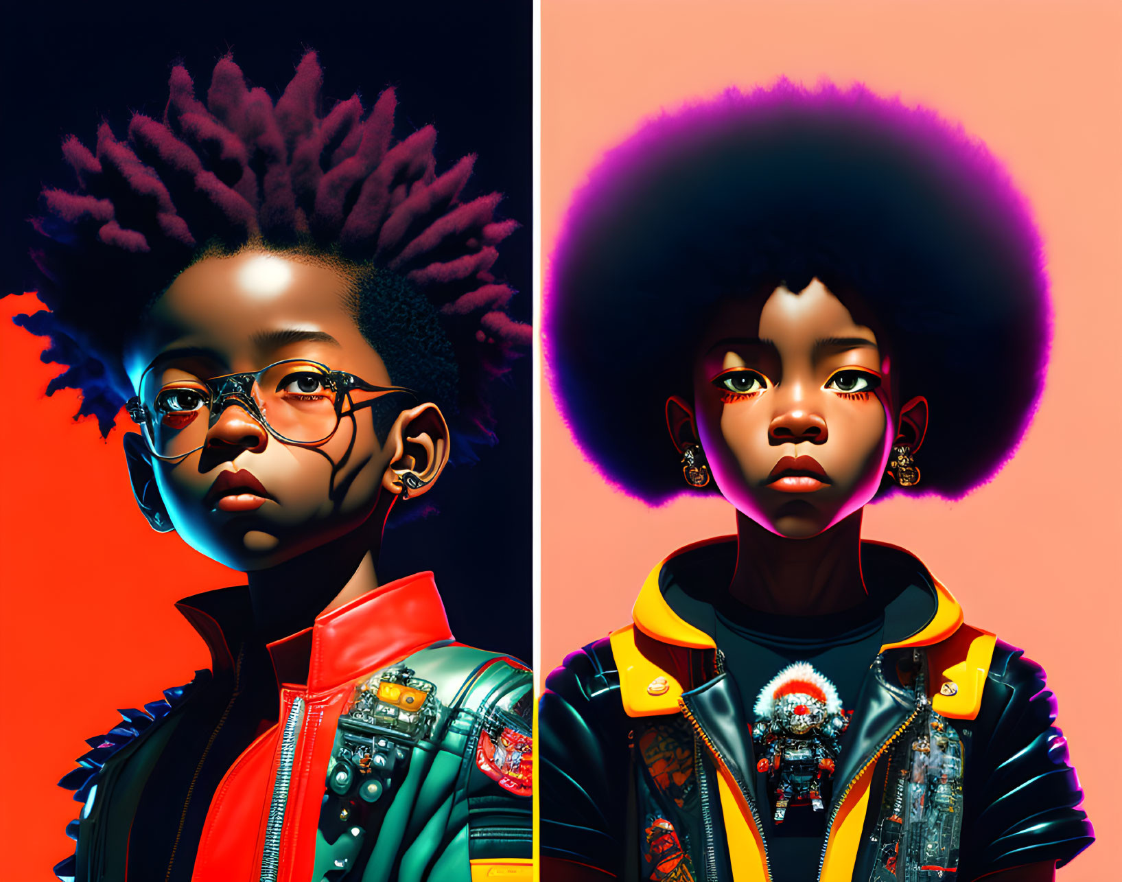 Vibrant digital portraits of young girl with afro hair on colorful background