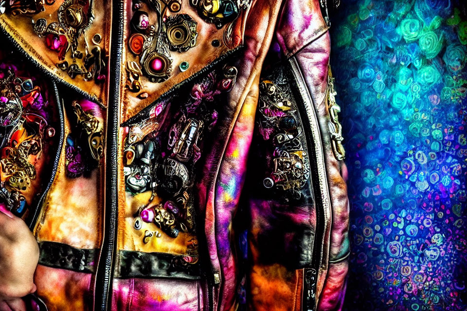 Colorful Steampunk Style Leather Jacket on Person Against Bokeh Background