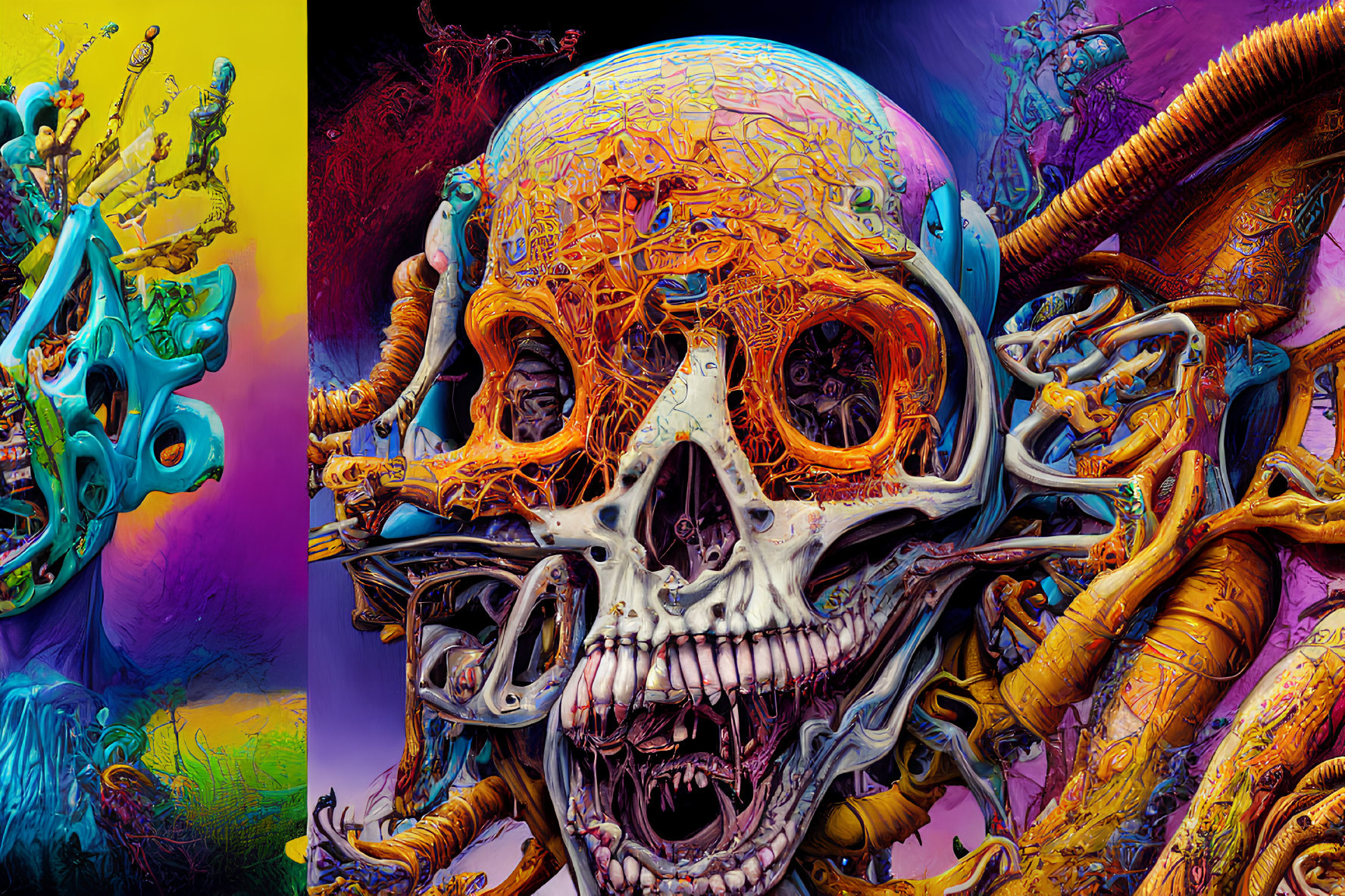 Detailed surreal skull art with vibrant patterns and textures