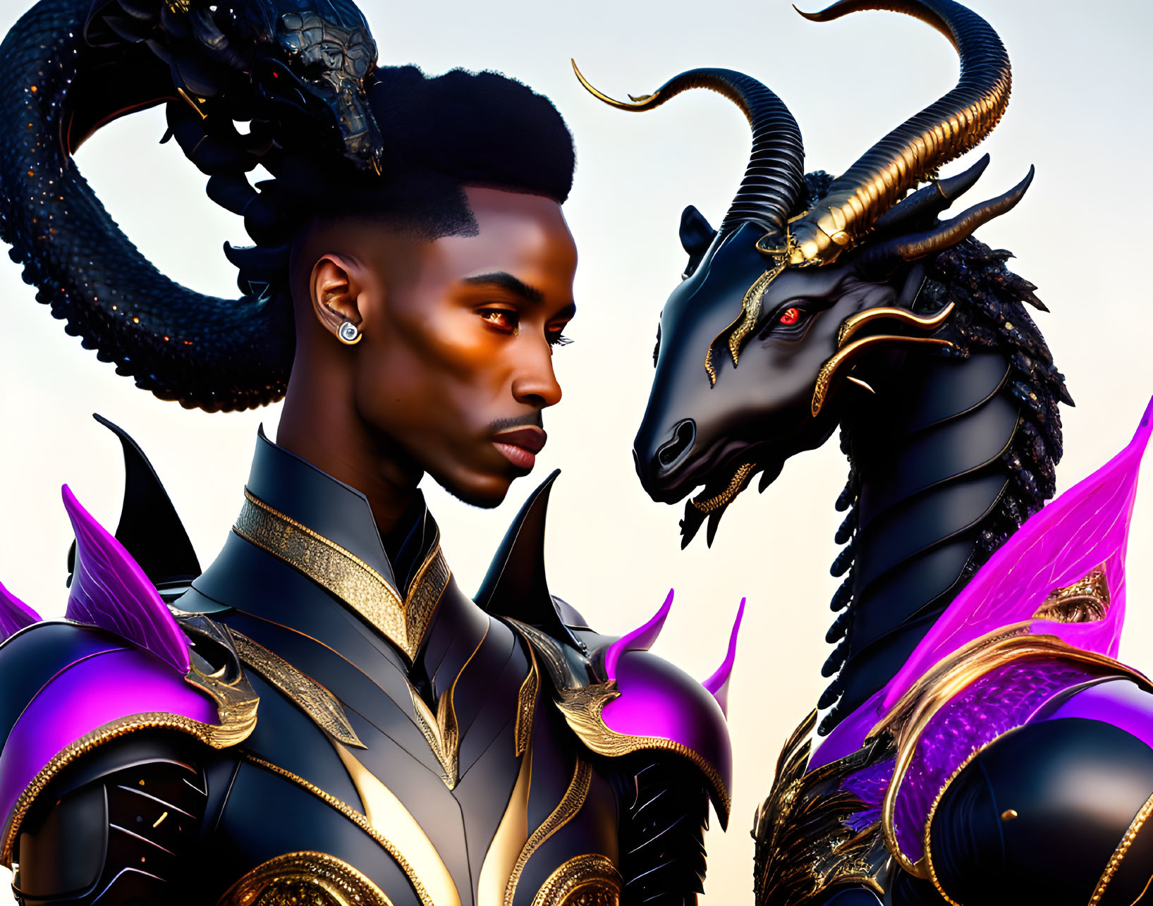 Person and dragon in black and gold armor with purple accents