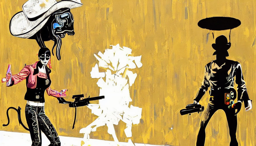 Stylized Western duel: skeletal cowboy vs. shadowy figure on yellow background