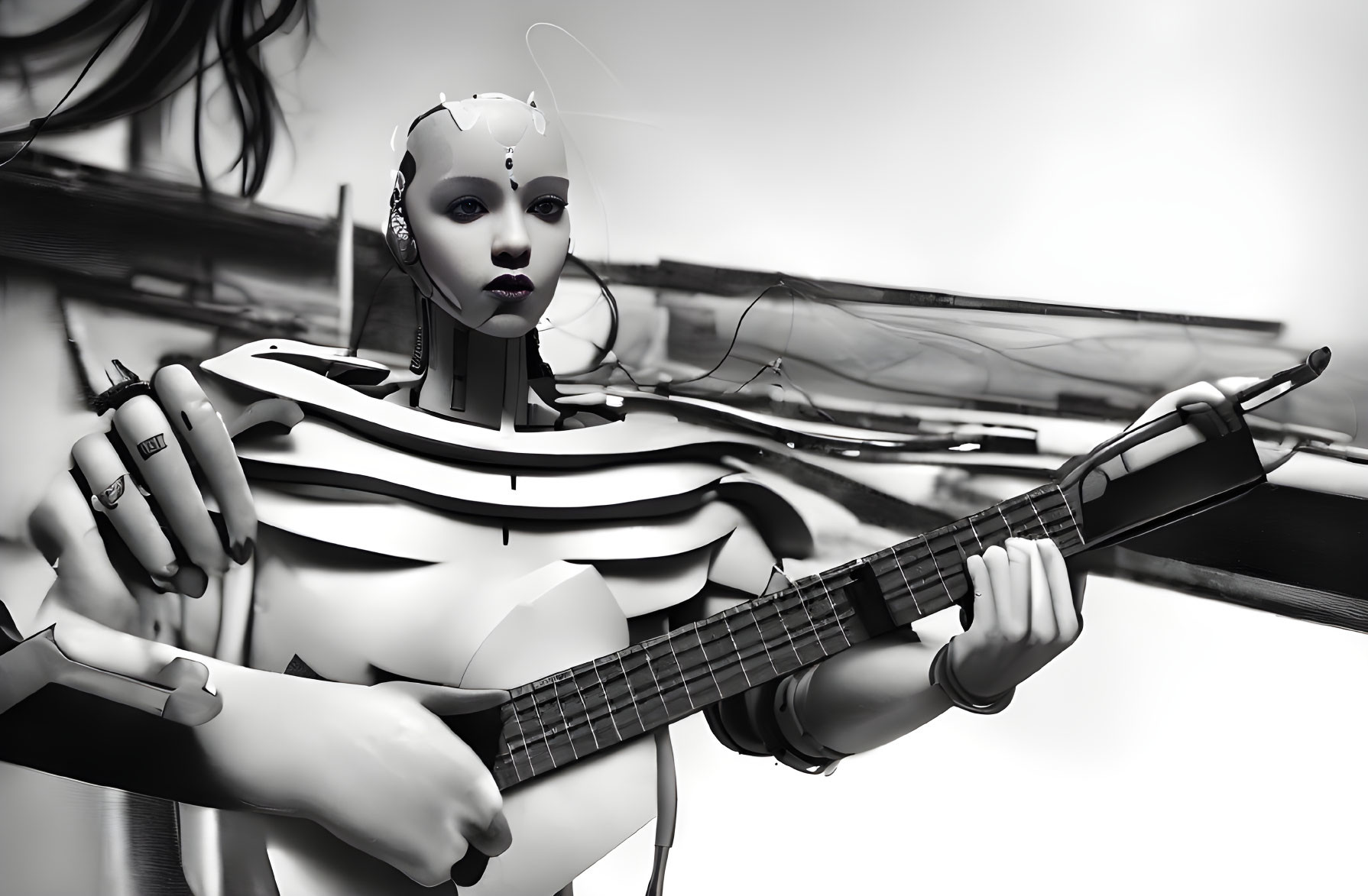 Monochrome humanoid robot playing electric guitar with wires on grey background