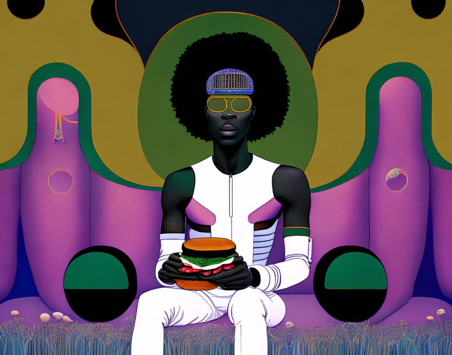 Colorful Afro Person with Sunglasses Holding Burger in Surreal Illustration