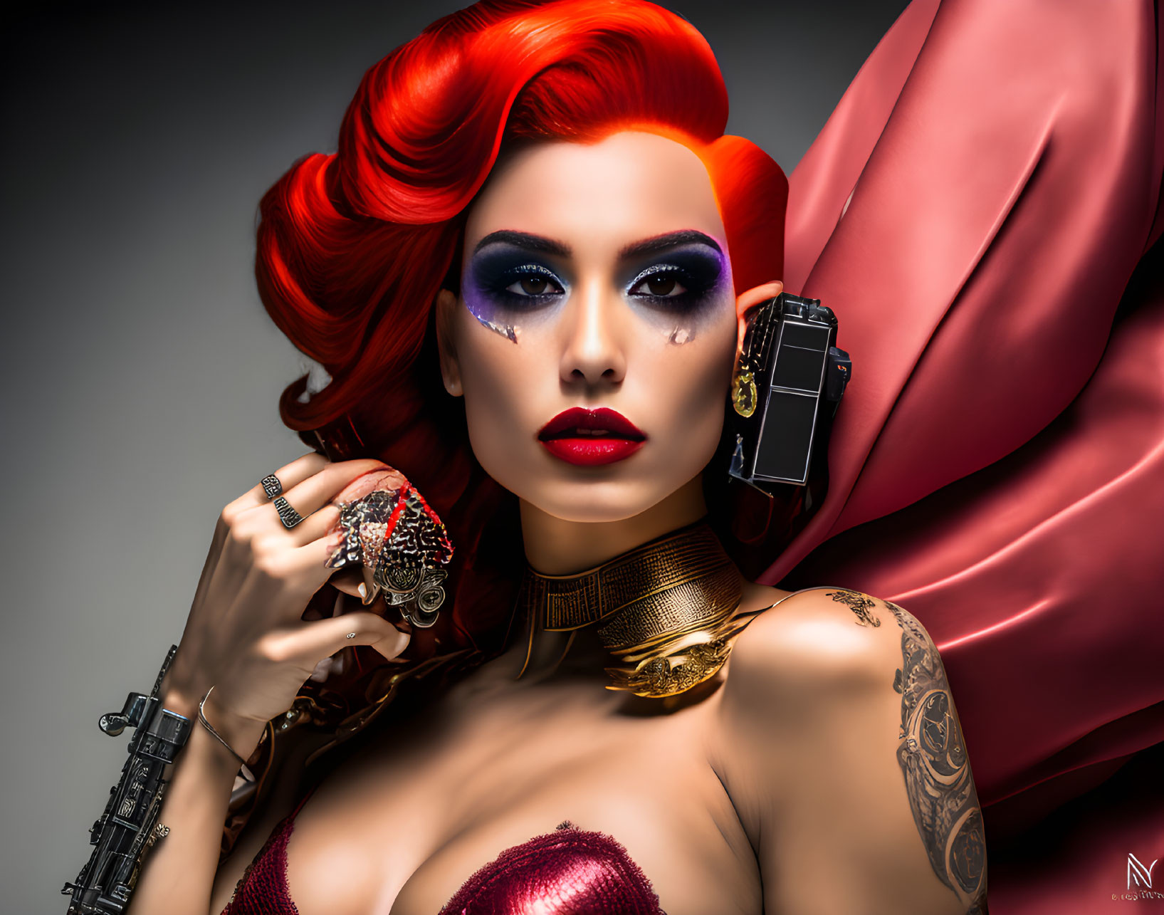 Vibrant Red-Haired Woman in Red Dress with Tattoo and Gold Jewelry